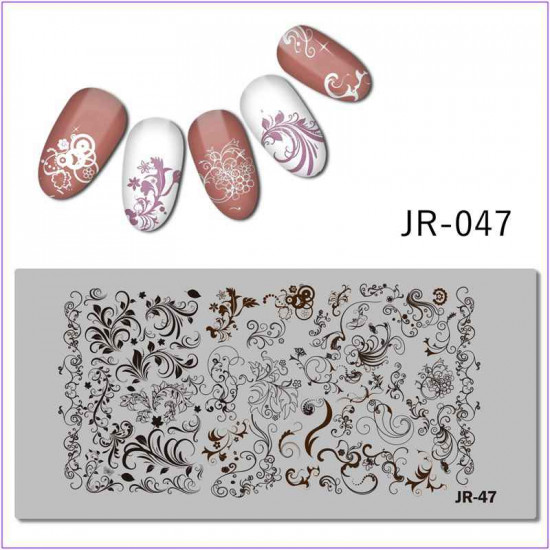 Placa para impressão em unhas JR-0047, monogramas, padrões, flores, folhas, redemoinhos, pontos