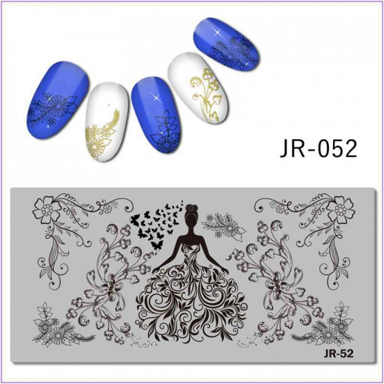 JR-0052 Nageldruckplatte, Mädchen, Kleid, Monogramme, Blätter, Blumen, Schmetterlinge