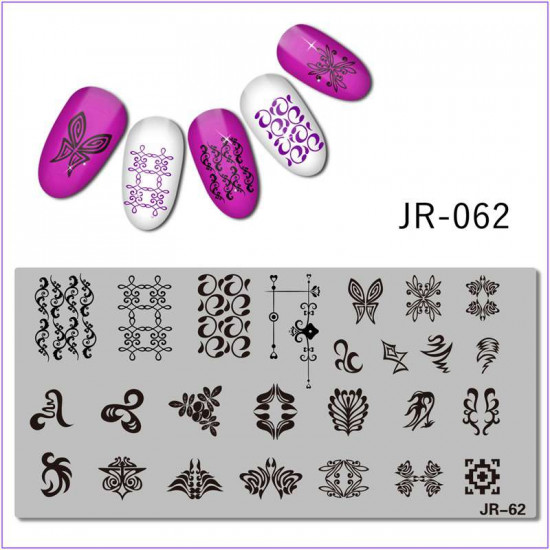 JR-0062 Nageldrukplaat Monogrampatroon Ornamentlijnen Vlindervleugels