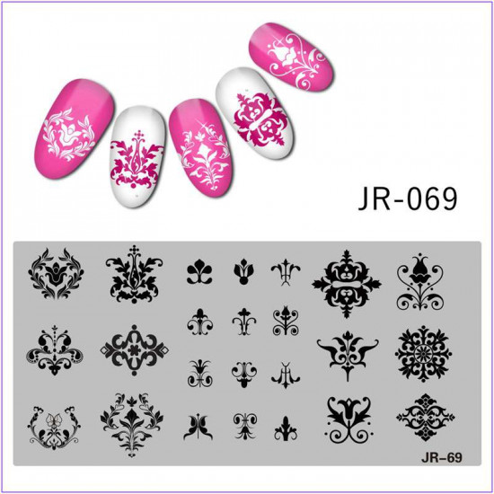 Plaque pour limpression sur les ongles JR-069, tourbillons, monogrammes, ornement, motif, fleurs, feuilles, points, papillon, cercle-3142-uprettego-estampillage