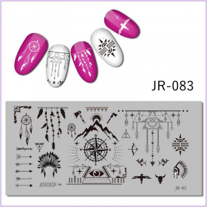 Пластина для печати на ногтях JR-083, перья, компас, луна, ловец снов, стрелка, индийские перья, гора, стрела, хищник, глаз