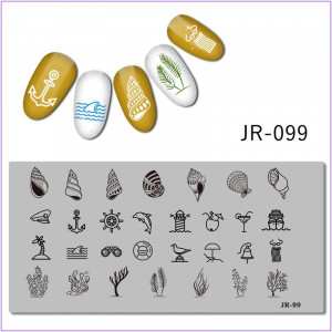 Пластина для печати на ногтях JR-099, печать на ногтях, корабль, очки, чайка, якорь, мартини, отдых, водоросли, спасательный круг, ракушка, дельфин, пальма, волны