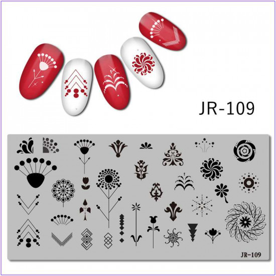 JR-109 Nail Art Plaque Dimpression Fleur Cercles Points Monogramme Motif Fleurs Géométrie-3142-uprettego-estampillage