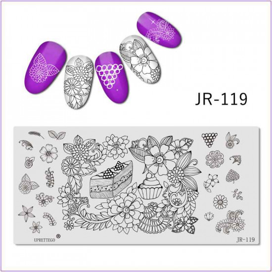 JR-119 Nail Stamping Plate Cupcake Heart Slice Cake Cherry Flowers Leaves-3142-uprettego-estampillage