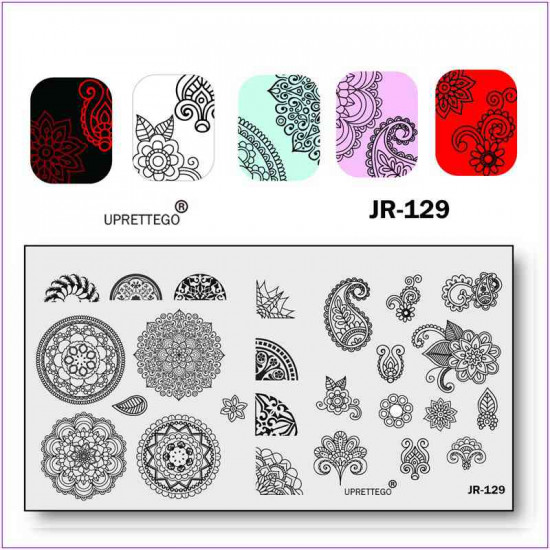 JR-0129 Nageldrukplaat Stempelplaat Kant Originele tekeningen Patroon Bloemen Bladeren