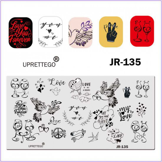 JR-0135 Nail Drukplaat Duiven Liefde Hand Ballon Zwaluw Hart Wijnglazen Bruiloft