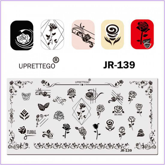 Placa para imprimir en las uñas JR-0139, rosa, marco, flores pequeñas, hojas, monogramas