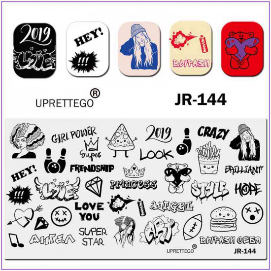 JR-144 plaque dimpression pour ongles fille couronne ours en peluche casque fille boule de diamant Pizza amour coeur Bowling frites-3142-uprettego-estampillage