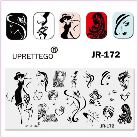 JR-0172 Nail Drukplaat Dame Haar Vlinder Kat Hart Kus Meisje Silhouet Gezicht Hoed Meisje