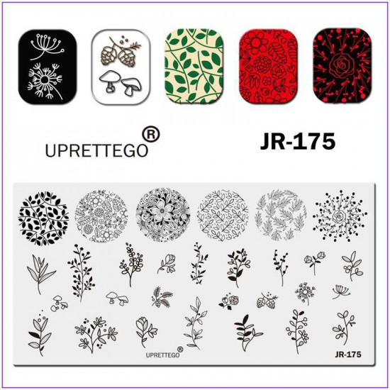 JR-0175 Nagelstempelplaat Paddestoel Bloemen Rose Dille Plantdecoratie Nagelstempelplaat