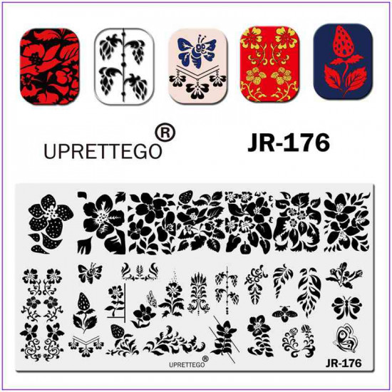 JR-0176 Placa de impressão de unhas decoradas vegetal Monograma Mosca Morango Borboleta Flores Folhas