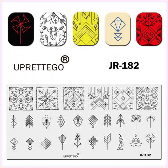 JR-0182 Placa de impressão de unhas Ornamentos geométricos Veados Círculos Quadrados Triângulos Folhas Flores