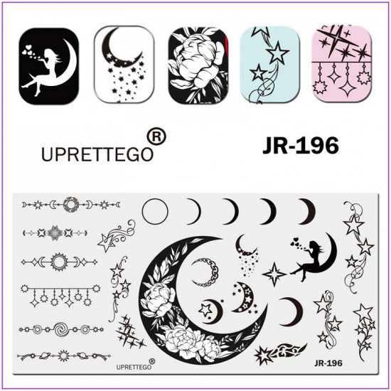 JR-0196 Placa para carimbo de unhas Garota na Lua Lua Peônia Estrelas Corações Placa para carimbo