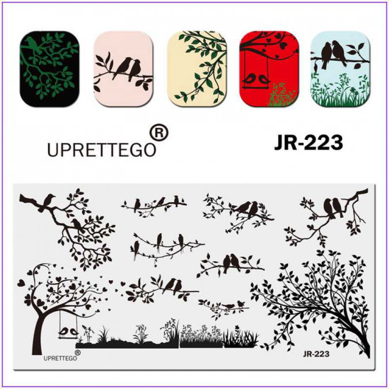 JR-223 Nail Stamping Plate Heart Tree Love Birds Leaves Swing Grass-3142-uprettego-estampillage