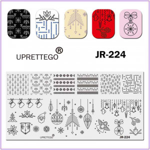 Пластина для печати на ногтях JR-224, новогодние орнаменты, игрушки, елки, снежинки, олени, дед мороз, ангел, свеча