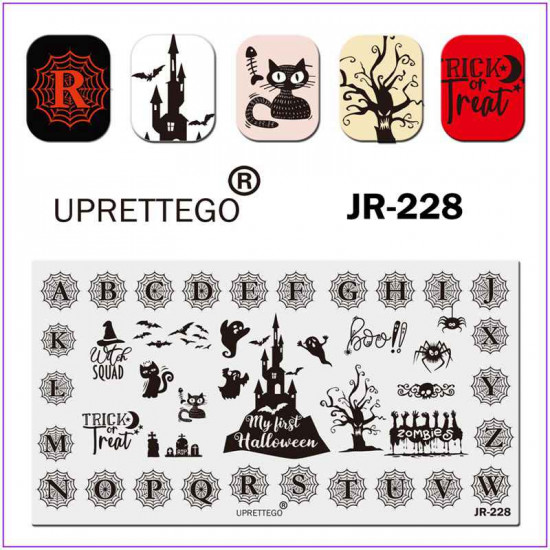 JR-0228 Nail Drukplaat Halloween Ghost Pompoen Spinnenweb Spinnenweb Letters Zombie Kerkhof Hoed