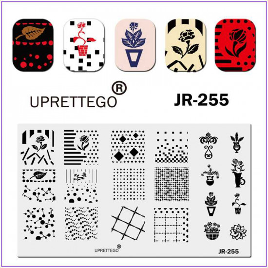 Placa para estampar en clavos JR-0255, placa de estampación. ornamento geométrico, patrones, flores, puntos, líneas, plantas caseras