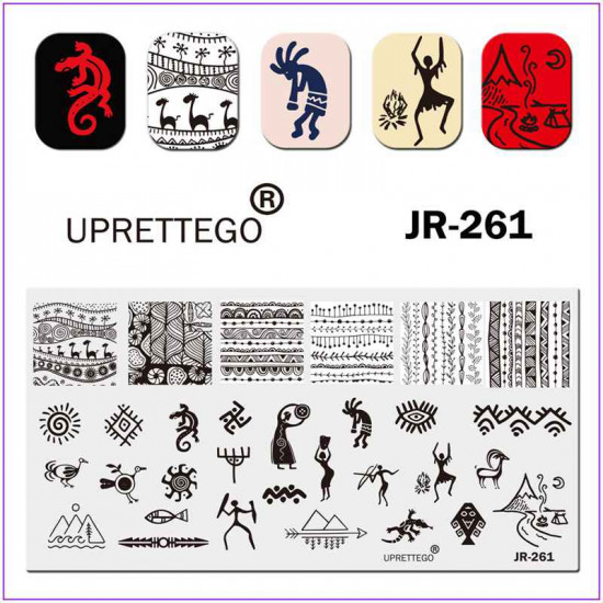JR-0261 Placa de impressão de unhas África Pessoas Animais Ornamentos Africanos Montanhas Peixes
