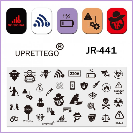 JR-441 Nail Printing Plate Man Money Znaki drogowe Ogień Czaszka Ładowanie Kajdanek Ręce-3142-uprettego-cechowanie