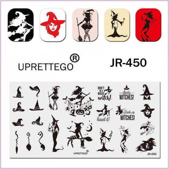JR-450 Nail Stamping Plate Halloween Araignée Balai Nuit Chat Peur Chapeau Sorcière Citrouille-3142-uprettego-estampillage