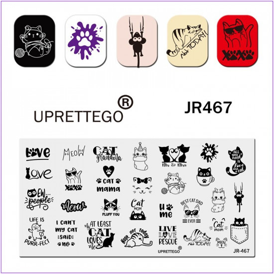 Plaque pour impression sur ongles JR-467, plaque destampage, inscriptions originales, souris, chats, pattes, tache, gâteau-3142-uprettego-estampillage
