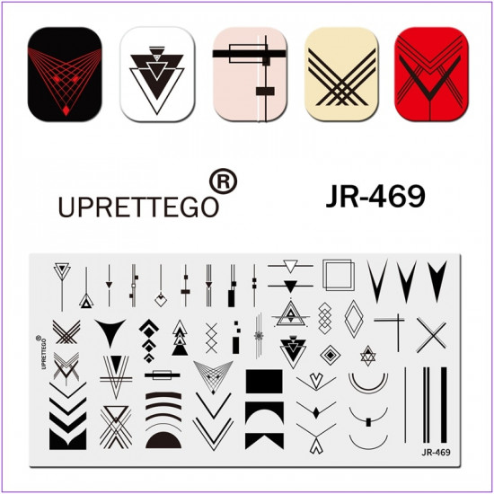 JR-469 Nail Printing Plate Géométrie Triangles Half Circle Dots Square Lines Nail Stamping-3142-uprettego-estampillage