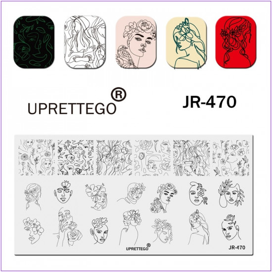 JR-470 Ongles Plaque Dimpression Silhouette Fille Lèvres Fleurs Courbes Lignes Feuilles Cheveux-3142-uprettego-estampillage