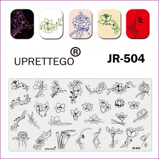 JR-504 Placa de Impressão de Unhas Flores Delicadas Flores Linhas Folhas Pontos Estampagem de Unhas